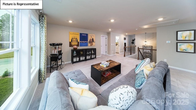 152 Ventor Way, Mooresville, NC 28115 - living room with light colored carpet, attic access, baseboards, and recessed lighting
