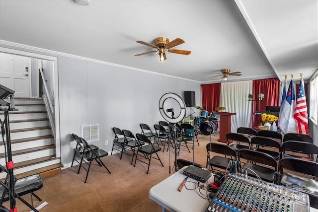 3612 Winterfield Pl, Charlotte, NC 28205 - playroom with crown molding, ceiling fan, carpet flooring, and visible vents