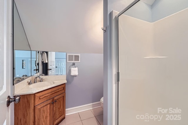 119 Taylor Ct, Mooresville, NC 28117 - full bath with visible vents, vanity, baseboards, tile patterned floors, and a shower stall