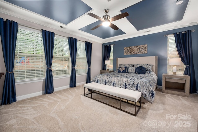 bedroom featuring crown molding, carpet floors, baseboards, and a raised ceiling