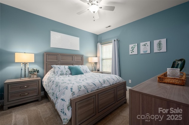 bedroom with visible vents, ceiling fan, and carpet floors