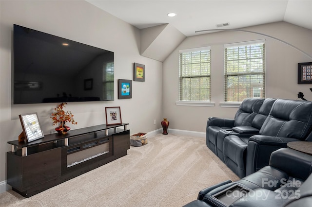 living room featuring visible vents, baseboards, carpet floors, recessed lighting, and lofted ceiling