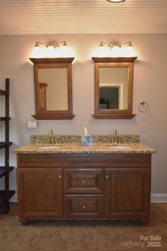 full bathroom featuring a sink, double vanity, and wood ceiling