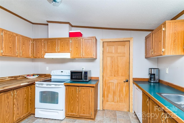 27 Venice Pl, Canton, NC 28716 - kitchen featuring white appliances, under cabinet range hood, crown molding, a textured ceiling, and brown cabinets