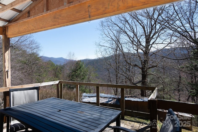 27 Venice Pl, Canton, NC 28716 - wooden terrace featuring outdoor dining area, a view of trees, and a mountain view