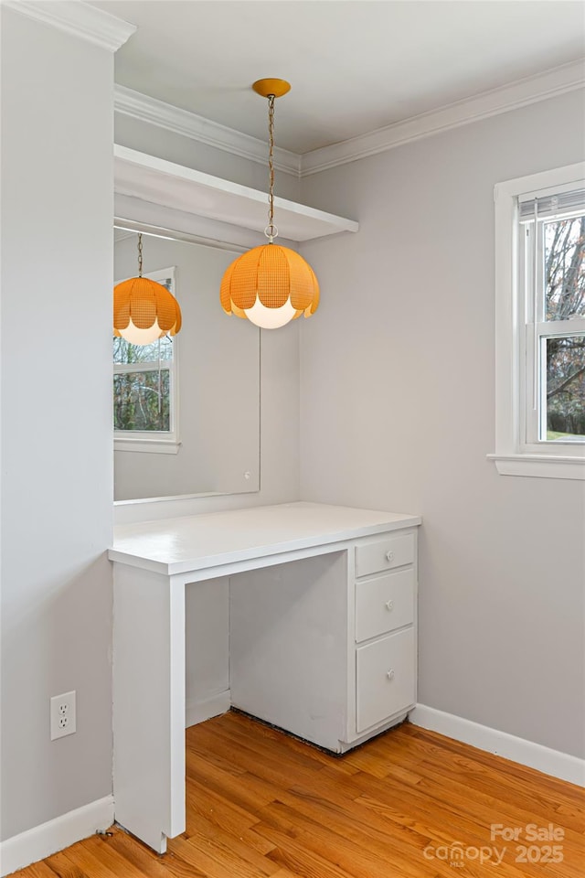unfurnished office with baseboards, light wood-style flooring, ornamental molding, and a healthy amount of sunlight