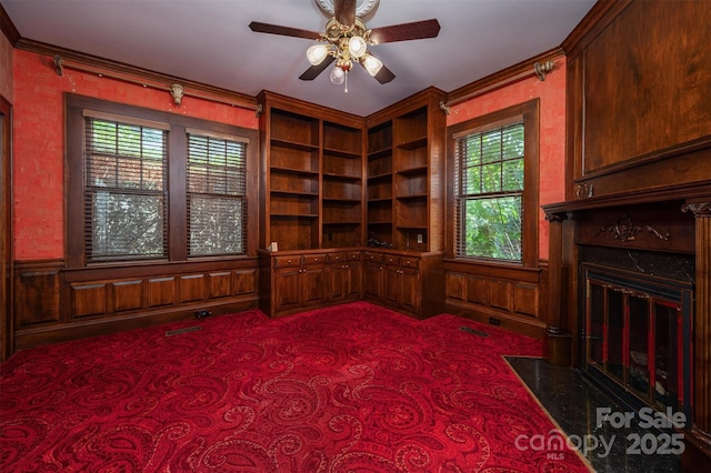 418 3rd St NE, Hickory, NC 28601 - unfurnished office with visible vents, a healthy amount of sunlight, a fireplace, and crown molding