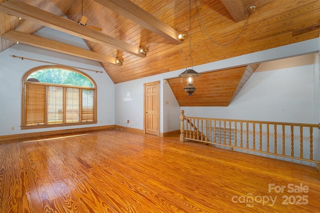 418 3rd St NE, Hickory, NC 28601 - additional living space with wood ceiling, baseboards, vaulted ceiling with beams, and wood finished floors