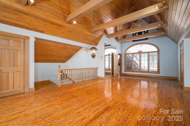 418 3rd St NE, Hickory, NC 28601 - interior space featuring wood finished floors, a ceiling fan, wooden ceiling, and lofted ceiling with beams