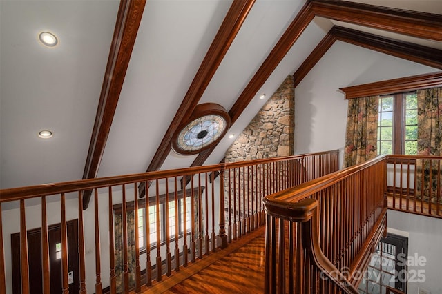 418 3rd St NE, Hickory, NC 28601 - interior space featuring an upstairs landing, wood finished floors, vaulted ceiling with beams, and recessed lighting