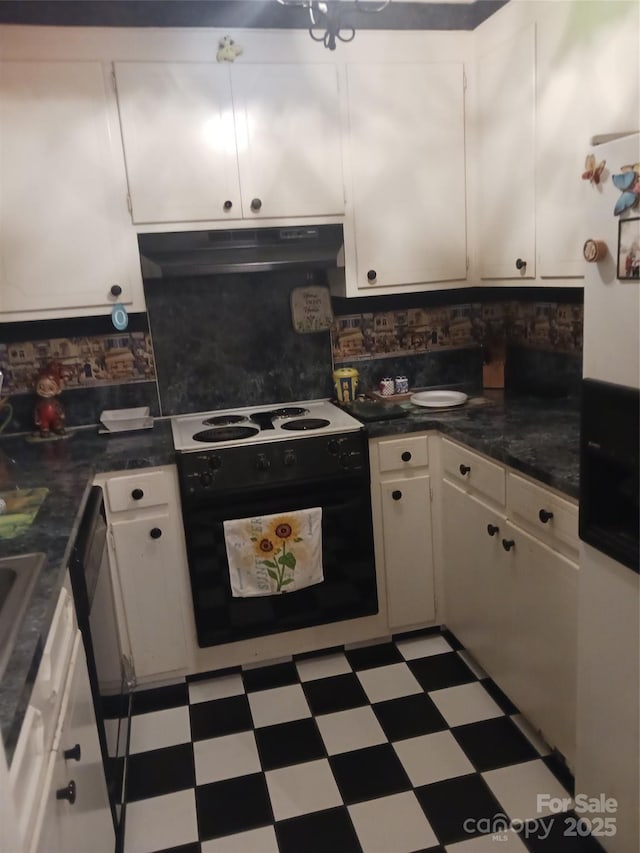 160 17th Street Pl NW Unit 3E, Hickory, NC 28601 - kitchen featuring light floors, under cabinet range hood, white cabinets, black range with electric stovetop, and backsplash