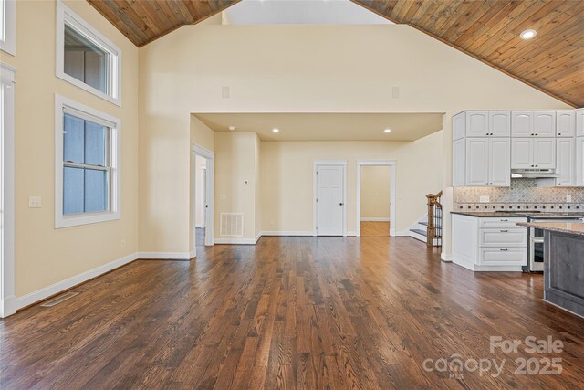 179 Serenity Ridge Trl, Asheville, NC 28804 - kitchen featuring high vaulted ceiling, wood ceiling, under cabinet range hood, white cabinets, and double oven range