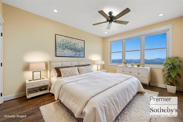 179 Serenity Ridge Trl, Asheville, NC 28804 - bedroom featuring baseboards, dark wood finished floors, a mountain view, recessed lighting, and ceiling fan