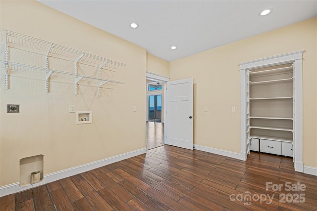 179 Serenity Ridge Trl, Asheville, NC 28804 - clothes washing area featuring dark wood-type flooring, electric dryer hookup, washer hookup, baseboards, and recessed lighting