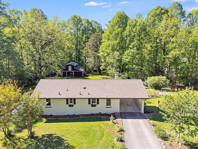 aerial view of property and surrounding area with a heavily wooded area