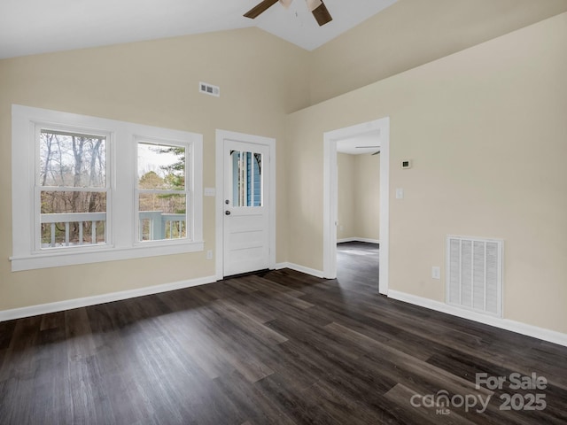 entryway with baseboards, dark wood-style flooring, ceiling fan, and visible vents