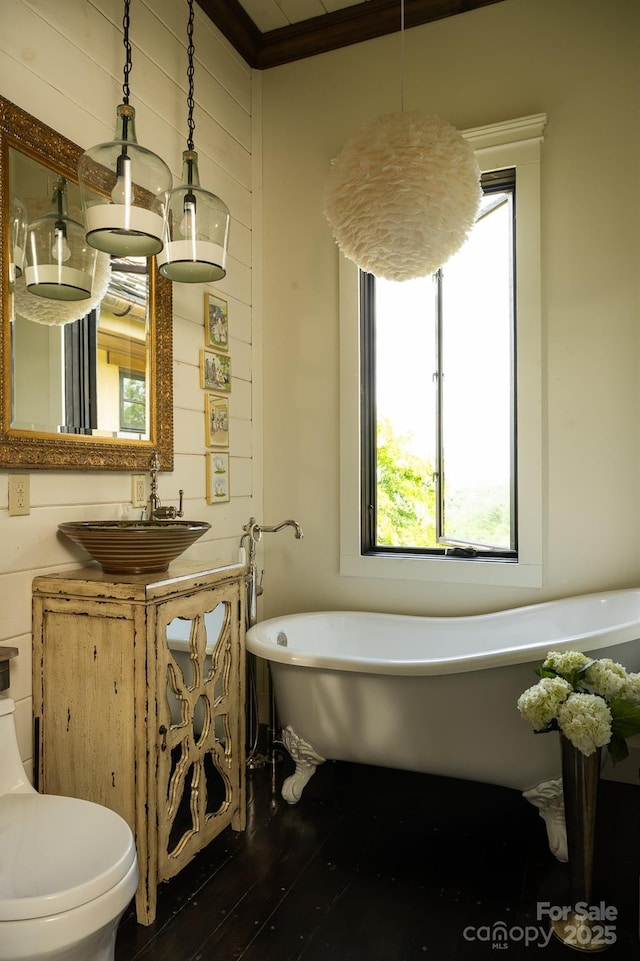 bathroom featuring a freestanding tub, vanity, toilet, and wood finished floors