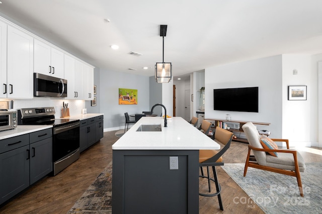 55 S Market St Unit 101, Asheville, NC 28801 - kitchen featuring dark wood-type flooring, white cabinetry, appliances with stainless steel finishes, a sink, and a center island with sink