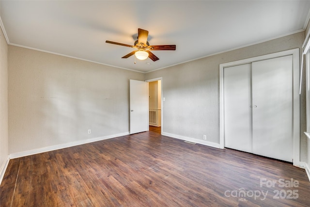 764 Emorywood Ln, Rock Hill, SC 29730 - unfurnished bedroom featuring ceiling fan, a closet, ornamental molding, wood finished floors, and baseboards