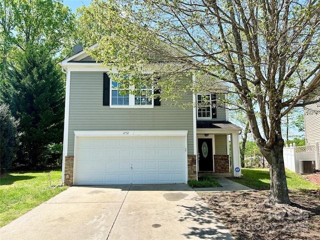 2752 Bramble Ridge Ct, Charlotte, NC 28215 - view of front of house with fence, stone siding, an attached garage, driveway, and central AC unit