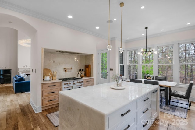kitchen featuring a wealth of natural light, wood finished floors, tasteful backsplash, and double oven range
