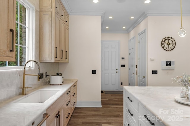 kitchen featuring recessed lighting, wood finished floors, ornamental molding, and a sink