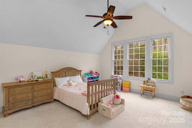 bedroom featuring carpet floors, lofted ceiling, baseboards, visible vents, and ceiling fan