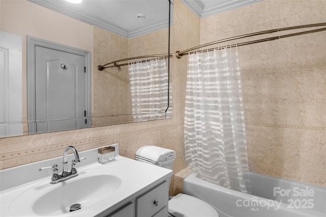 bathroom with ornamental molding, shower / bathtub combination with curtain, toilet, and vanity