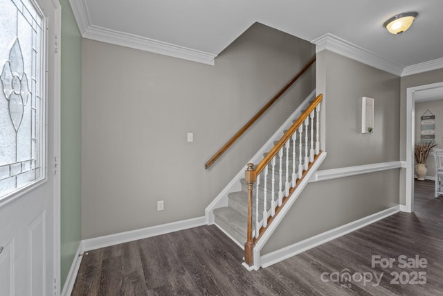 2439 Heathershire Ln, Matthews, NC 28105 - entrance foyer featuring wood finished floors, ornamental molding, stairway, and baseboards