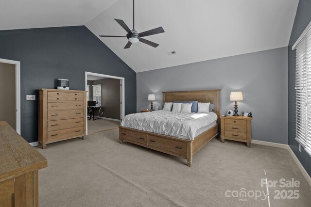 2439 Heathershire Ln, Matthews, NC 28105 - bedroom with carpet floors, high vaulted ceiling, ceiling fan, and baseboards