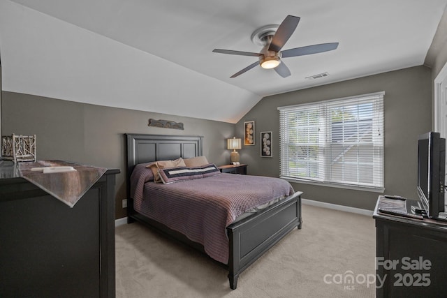 2439 Heathershire Ln, Matthews, NC 28105 - bedroom featuring light carpet, baseboards, lofted ceiling, and a ceiling fan