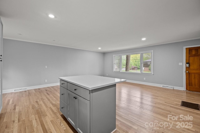 1801 Weststone Dr, Charlotte, NC 28208 - kitchen with light wood finished floors, visible vents, and gray cabinets