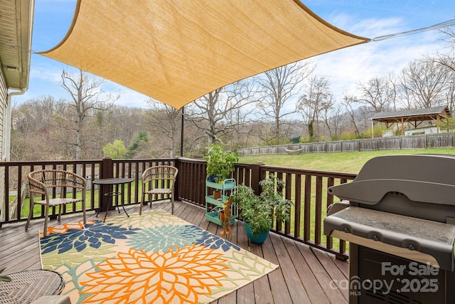 deck featuring a fenced backyard and a lawn
