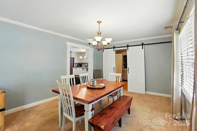 110 Tanglewood Dr, Kannapolis, NC 28081 - dining area with an inviting chandelier, a barn door, light colored carpet, and ornamental molding