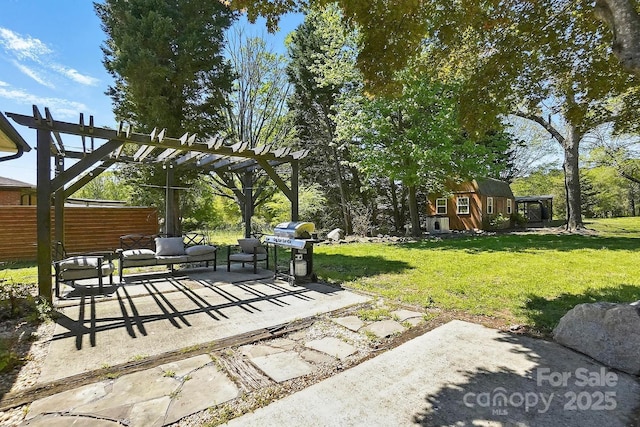 110 Tanglewood Dr, Kannapolis, NC 28081 - view of home's community featuring a patio, a pergola, an outbuilding, fence, and a lawn