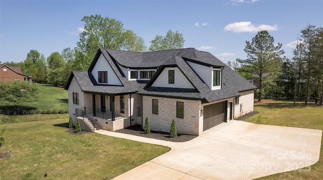 view of front of property with concrete driveway, a front lawn, brick siding, and roof with shingles