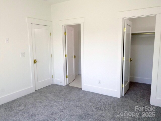 unfurnished bedroom with a walk in closet, carpet, a closet, and baseboards