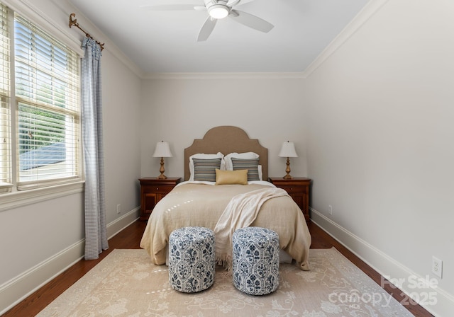 200 Highland Forest Dr, Charlotte, NC 28270 - bedroom featuring crown molding, wood finished floors, baseboards, and ceiling fan