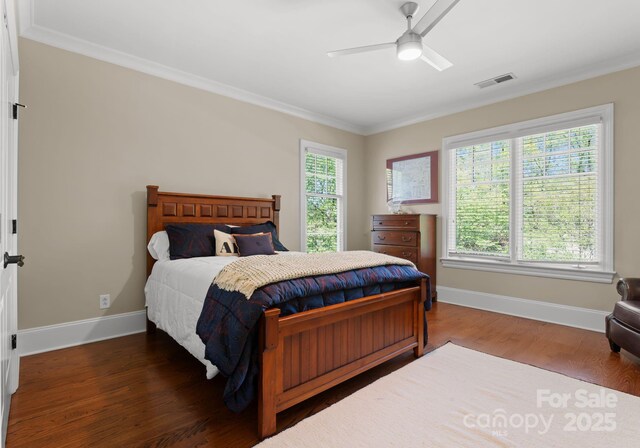 200 Highland Forest Dr, Charlotte, NC 28270 - bedroom featuring baseboards, crown molding, wood finished floors, and ceiling fan