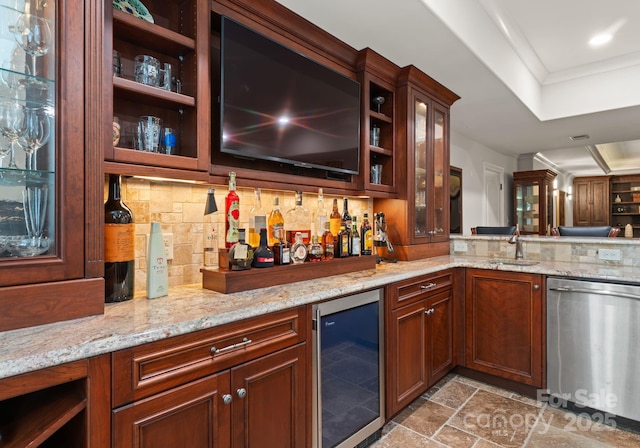 200 Highland Forest Dr, Charlotte, NC 28270 - indoor bar with beverage cooler, dishwasher, light stone finish flooring, and decorative backsplash