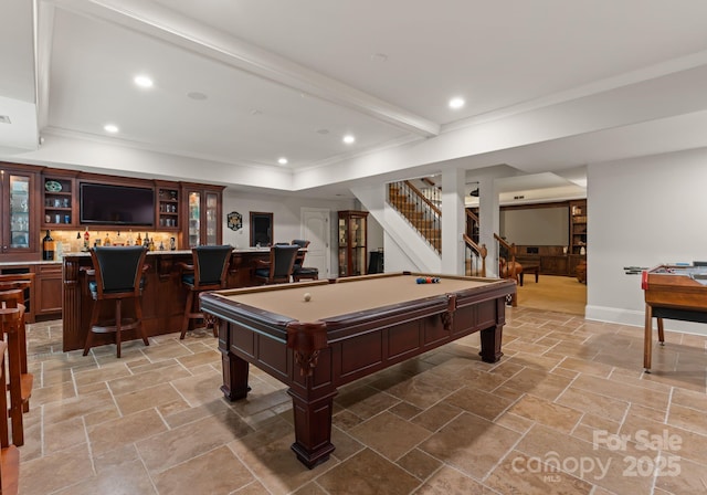 200 Highland Forest Dr, Charlotte, NC 28270 - rec room featuring wet bar, pool table, stone tile flooring, crown molding, and recessed lighting