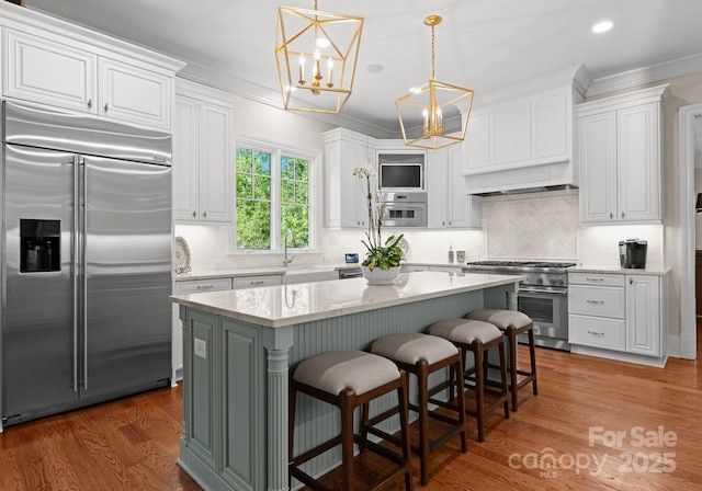 200 Highland Forest Dr, Charlotte, NC 28270 - kitchen with high end appliances, a chandelier, white cabinetry, crown molding, and recessed lighting