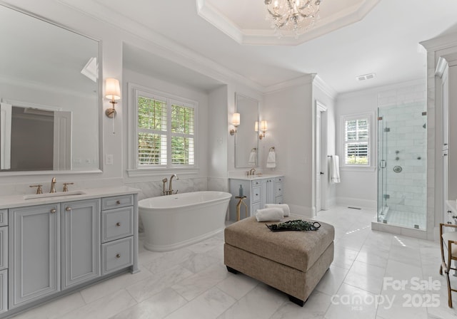 200 Highland Forest Dr, Charlotte, NC 28270 - full bathroom featuring a shower stall, two vanities, plenty of natural light, crown molding, and a soaking tub