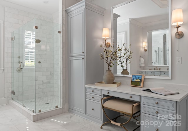 200 Highland Forest Dr, Charlotte, NC 28270 - full bathroom with a shower stall, marble finish floors, crown molding, and vanity