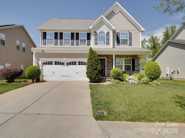 848 Wingthorn Rose Dr, Gastonia, NC 28056 - view of front of house featuring covered porch, an attached garage, stone siding, driveway, and a front lawn