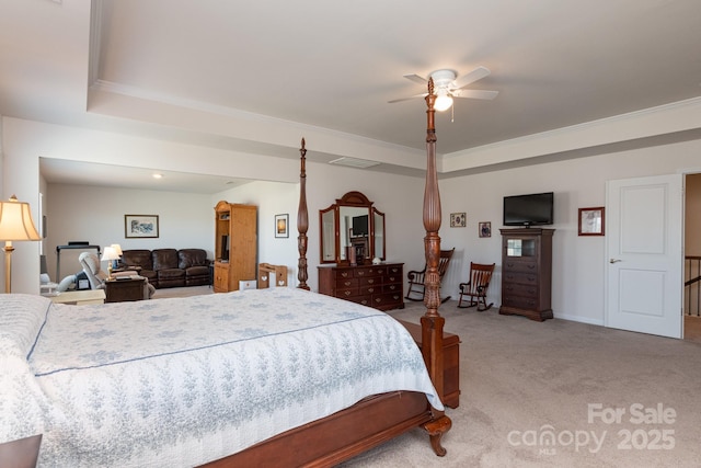 2097 Saddlebred Dr, Iron Station, NC 28080 - bedroom with light colored carpet, ornamental molding, and visible vents