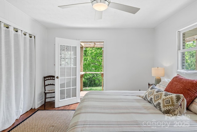 9 Mikayla Ln, Candler, NC 28715 - bedroom with wood finished floors, access to outside, ornamental molding, and ceiling fan
