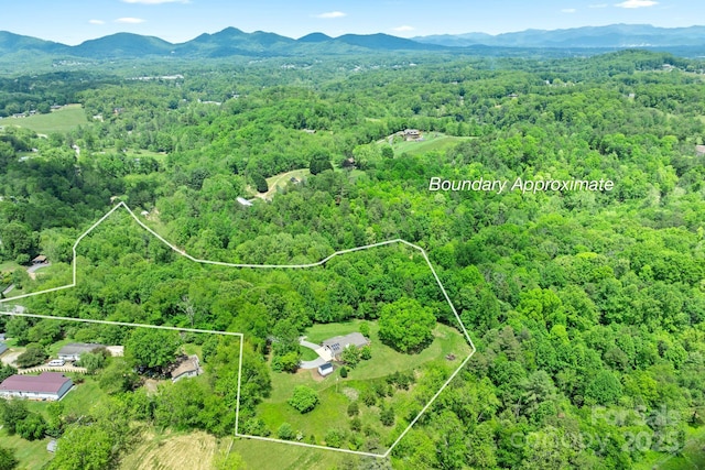 9 Mikayla Ln, Candler, NC 28715 - aerial view of property's location featuring a heavily wooded area, property parcel outlined, and a mountainous background