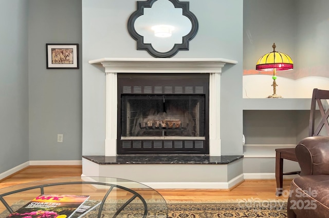 80 Vance Gap Rd, Asheville, NC 28805 - room details with a fireplace with raised hearth, baseboards, and wood finished floors