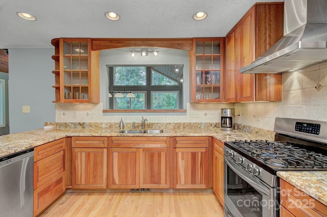 80 Vance Gap Rd, Asheville, NC 28805 - kitchen featuring stainless steel appliances, a sink, wall chimney range hood, light wood-style flooring, and light stone countertops